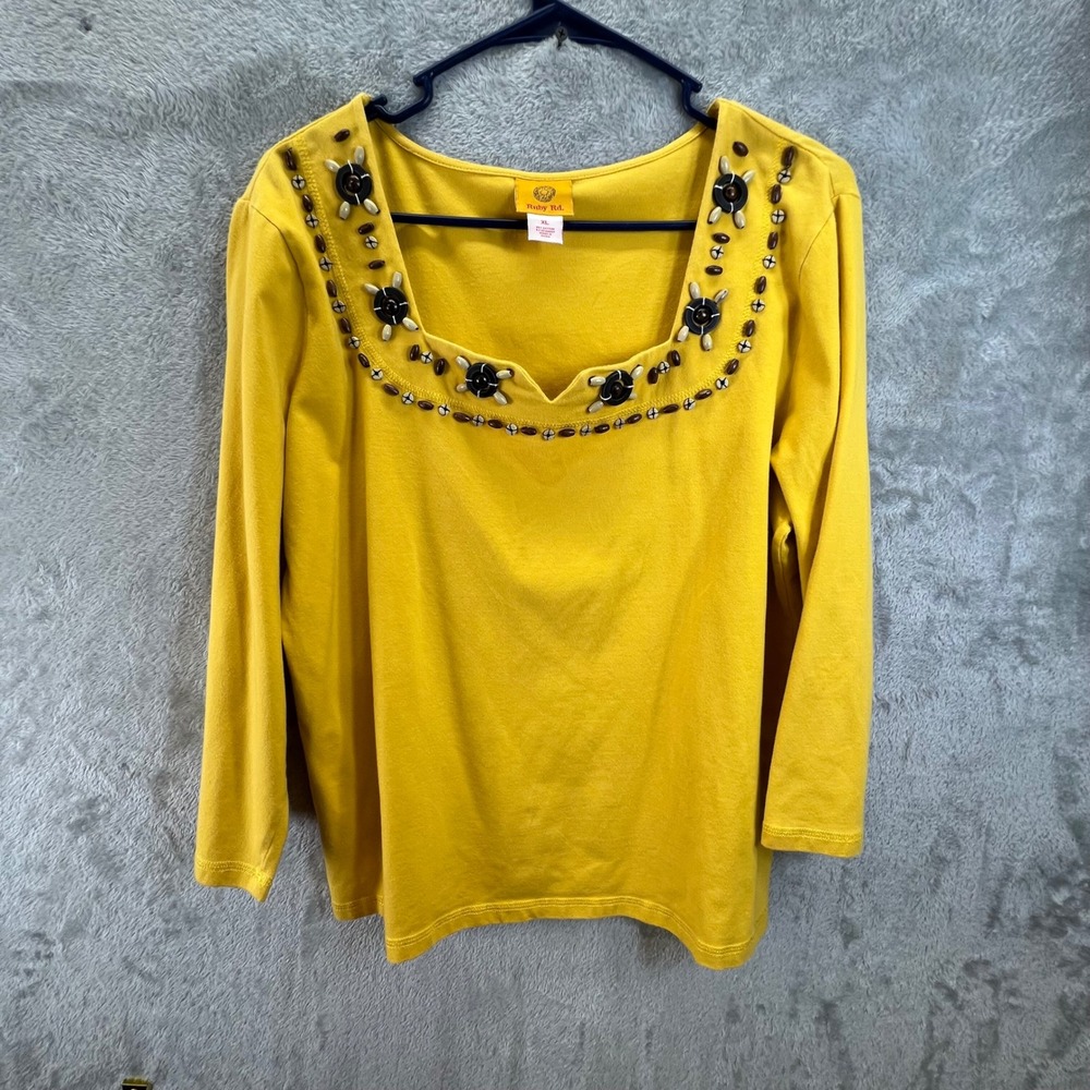 Ruby Rd Womens XL‎ Mustard Yellow Beaded Square Neck 3/4 Sleeve Peasant Coastal